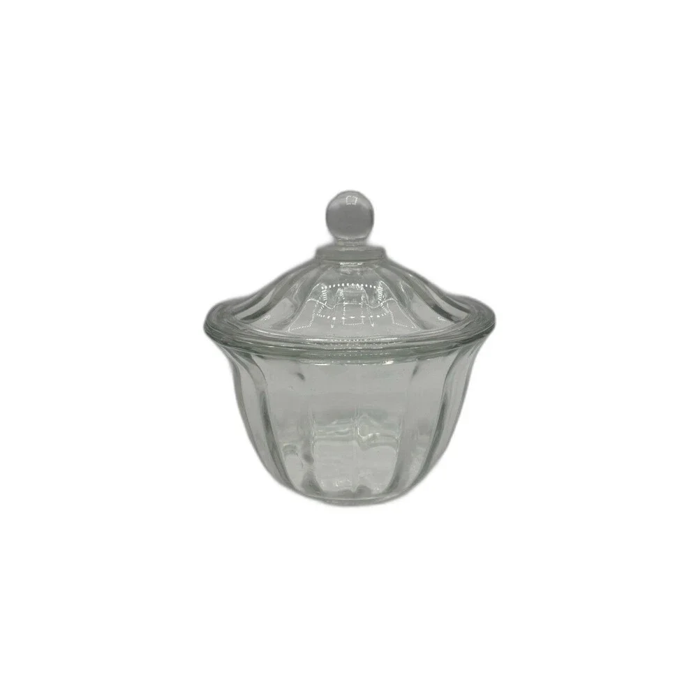 Clear Glass Apothecary Jar Or Candy Dish Ribbed Sides Ball Knob Lid